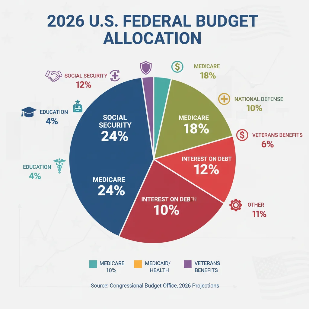 Infographic detailing the 2026 federal budget allocation across key spending categories.