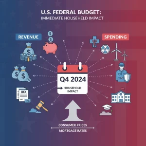 Illustration of the 2026 federal budget's impact on U.S. households with financial and healthcare symbols