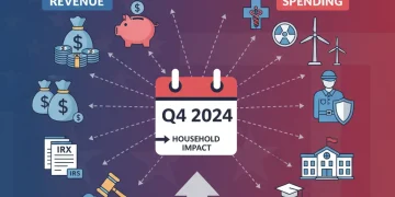 Illustration of the 2026 federal budget's impact on U.S. households with financial and healthcare symbols