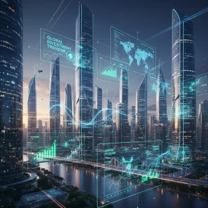 Futuristic cityscape with financial data overlays representing global investment trends and capital flow in 2026.
