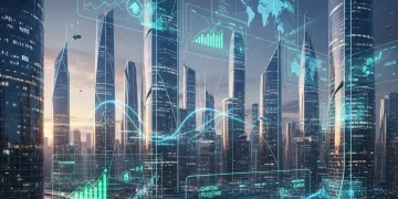 Futuristic cityscape with financial data overlays representing global investment trends and capital flow in 2026.