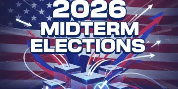 Stylized graphic for the 2026 Midterm Elections, showing ballot boxes and American flag elements.