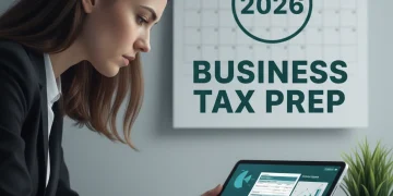 Business professional reviewing 2026 tax forms on a tablet.