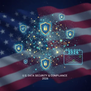 Digital network with security shields, representing 2026 U.S. cybersecurity regulations compliance.