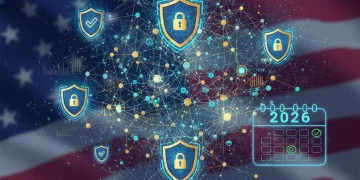 Digital network with security shields, representing 2026 U.S. cybersecurity regulations compliance.