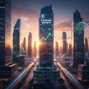 Futuristic cityscape with economic growth charts, symbolizing the 2026 U.S. economic outlook.