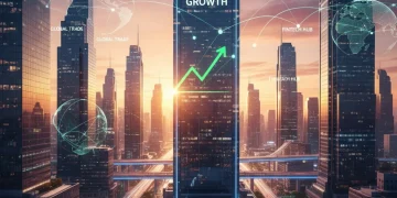 Futuristic cityscape with economic growth charts, symbolizing the 2026 U.S. economic outlook.