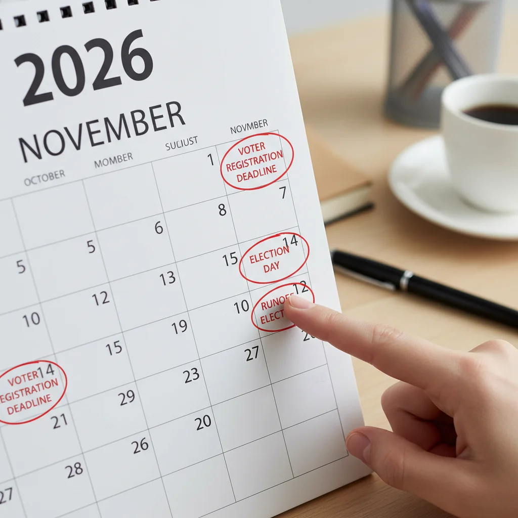 2026 calendar with important voter registration deadlines highlighted.