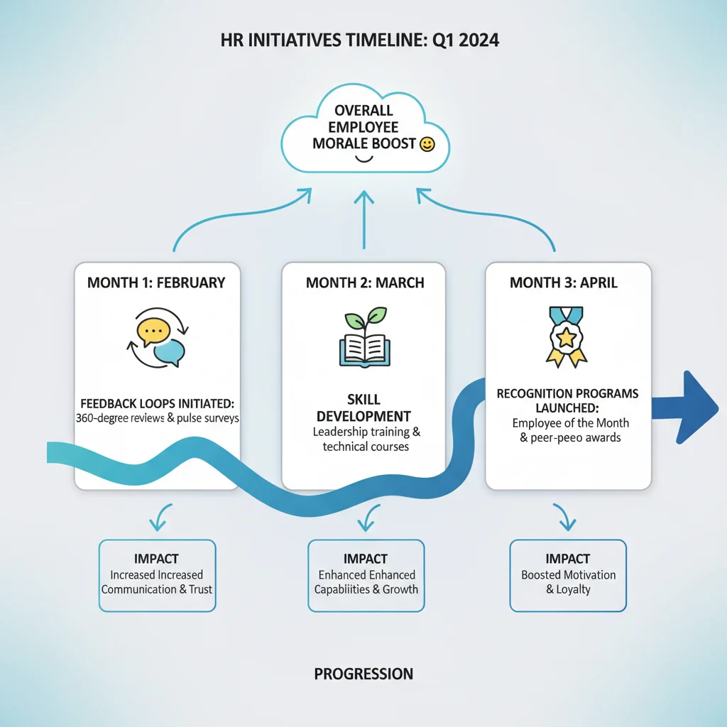 Infographic depicting a 3-month timeline for enhancing employee engagement and retention with key strategic initiatives.