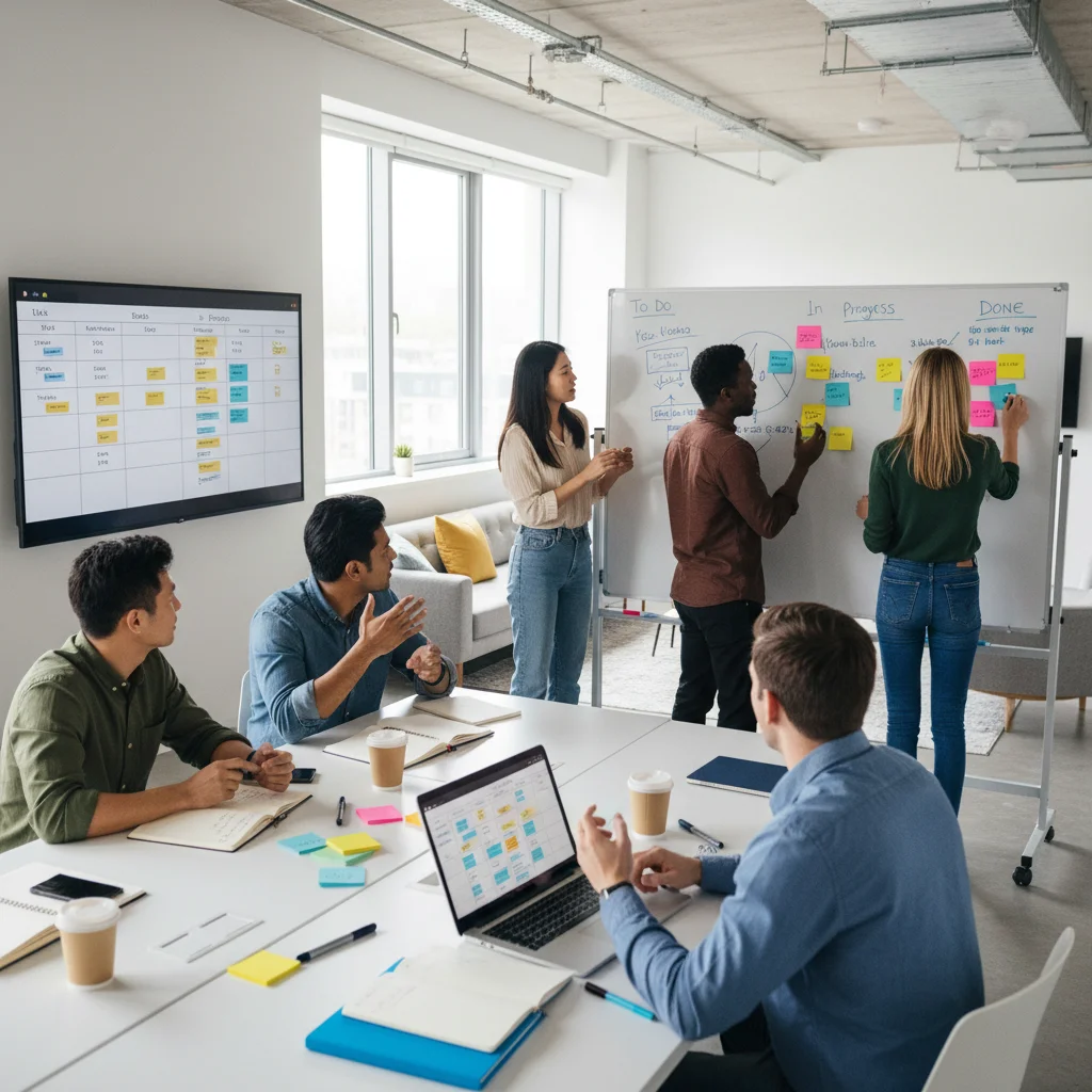Agile team collaborating on digital Kanban board during sprint meeting