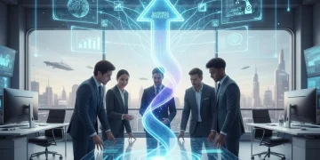 Futuristic business team implementing AI tools for enhanced efficiency and data analysis in 2026.