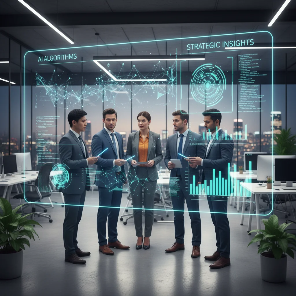 Team collaborating with AI-powered data analytics on a large screen in an office.