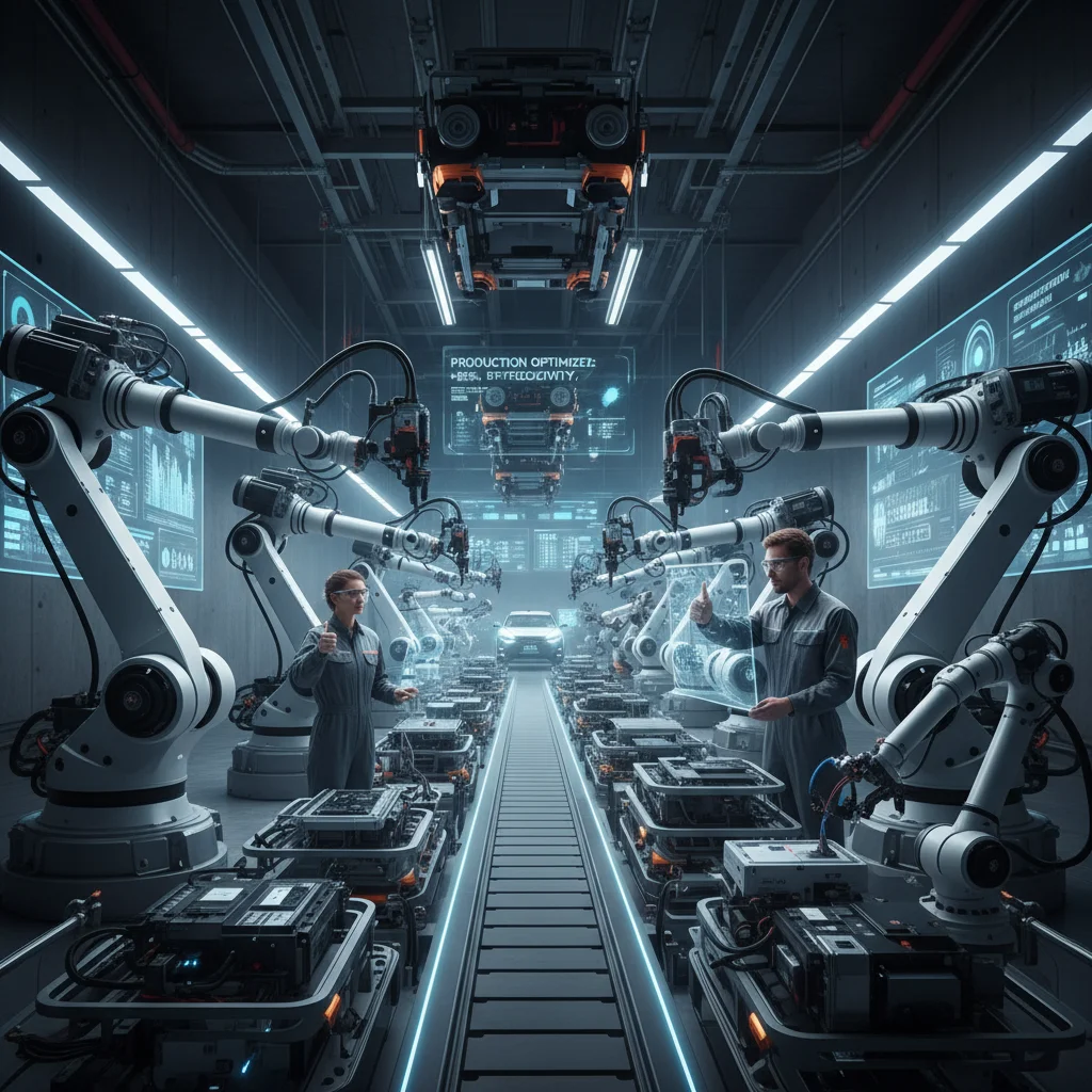 Robotic arms and human workers collaborating in an advanced manufacturing facility.