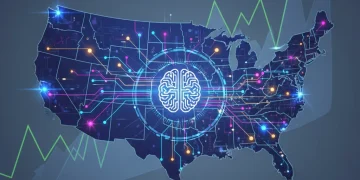 Artificial Intelligence influencing U.S. economy, showing growth charts and digital networks.