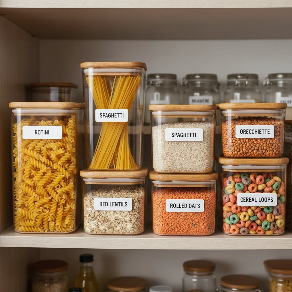 Clear airtight food storage containers on pantry shelf