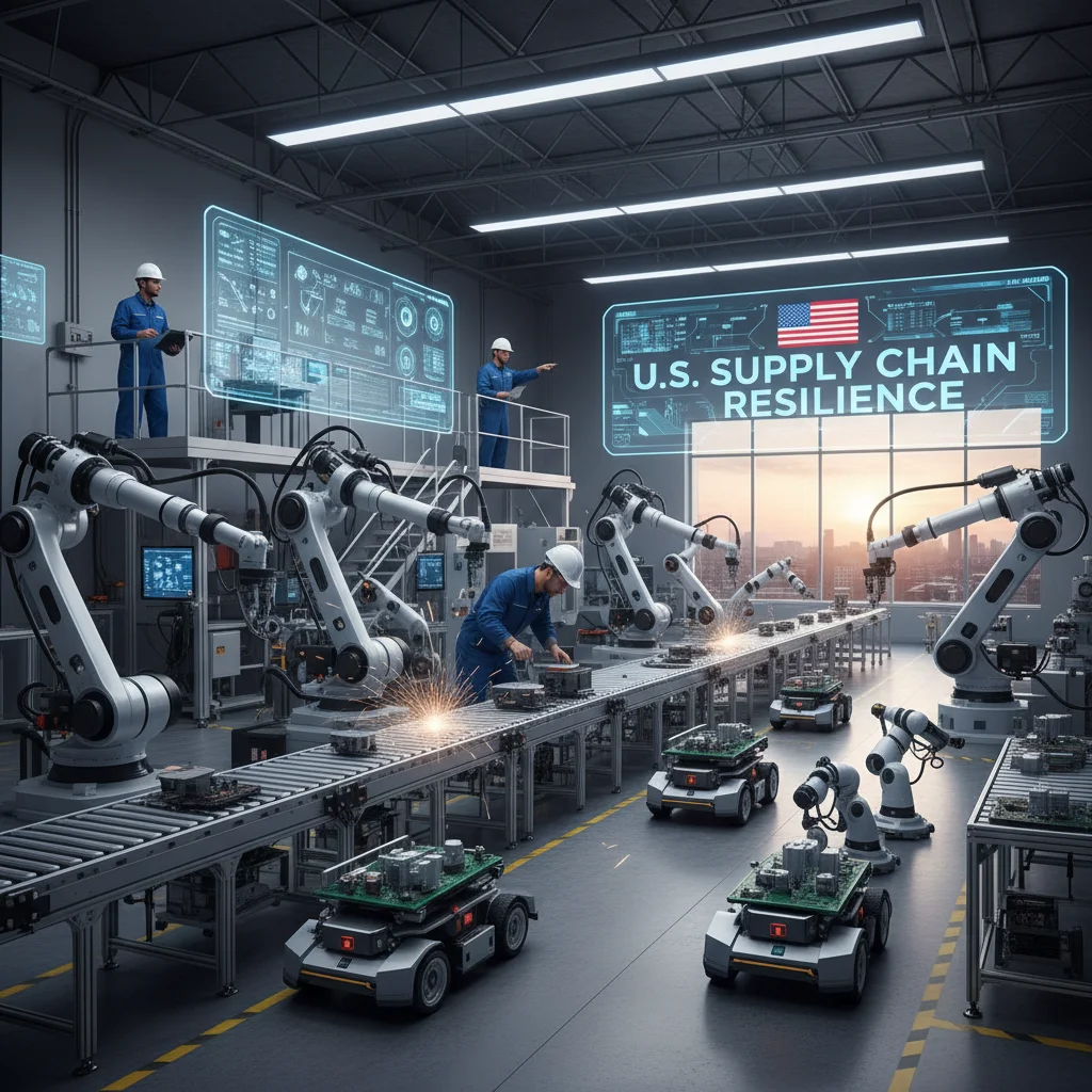 Automated factory floor with robots and human oversight, demonstrating advanced manufacturing for supply chain resilience.