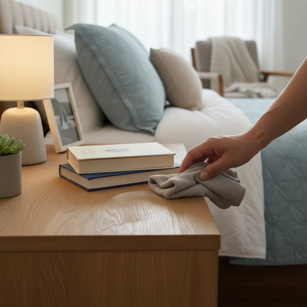 Hand tidying a bedroom nightstand, arranging items and dusting for a quick clean.