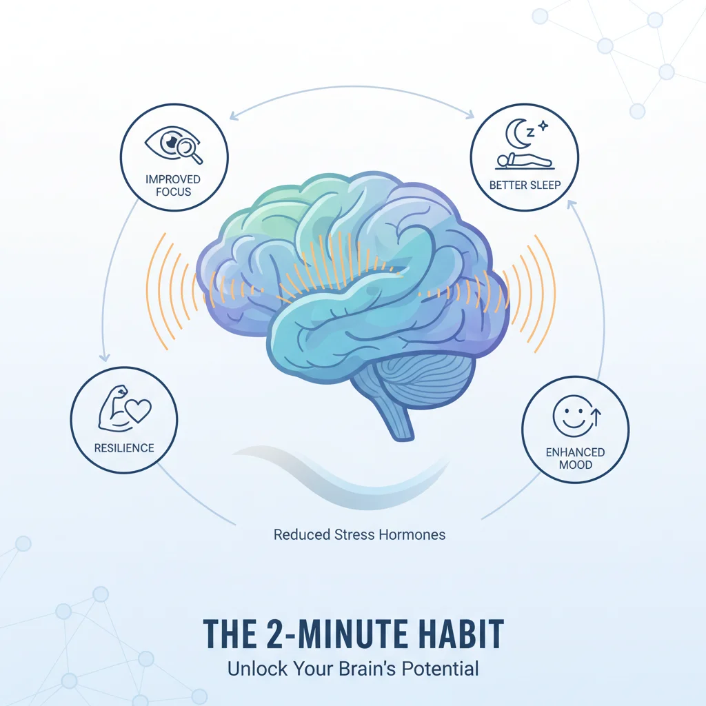 Diagram illustrating brain benefits from 2-minute stress reduction, including improved focus and mood.