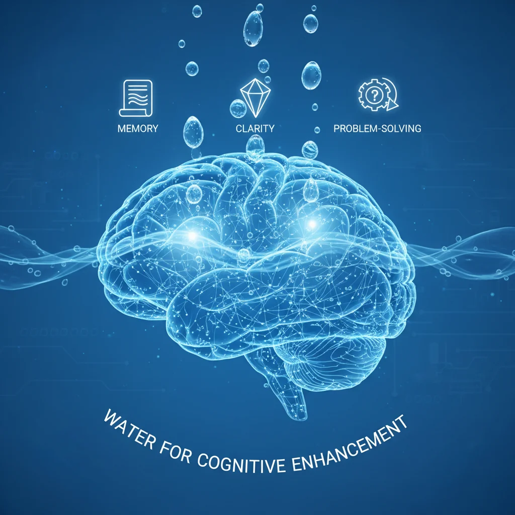Brain graphic with water droplets, representing cognitive enhancement through hydration