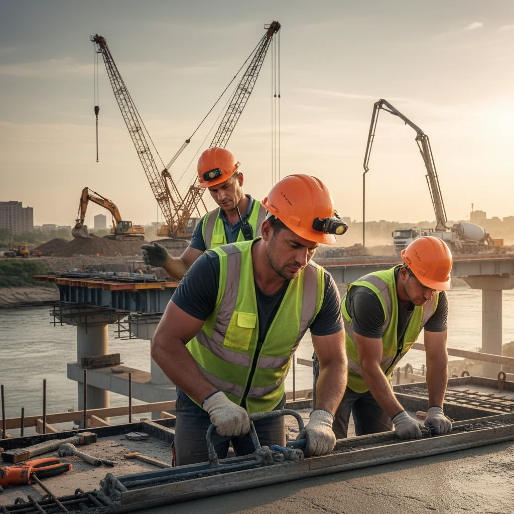 Construction workers building a new bridge, demonstrating progress on a key infrastructure project.