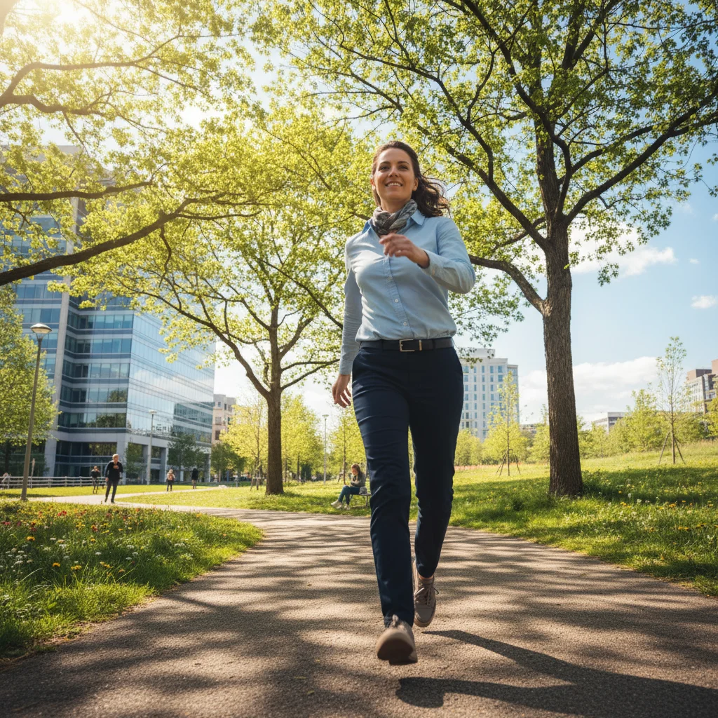 Person taking a brisk walk to re-energize and overcome afternoon fatigue.