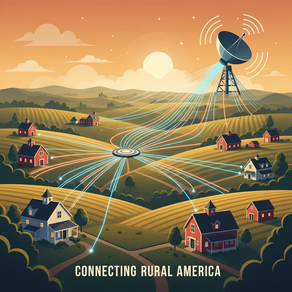 Graphic depicting broadband internet expansion connecting rural American homes and businesses.