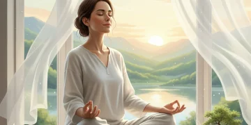 Person practicing a 2-minute stress reduction habit, looking calm and focused by a window.