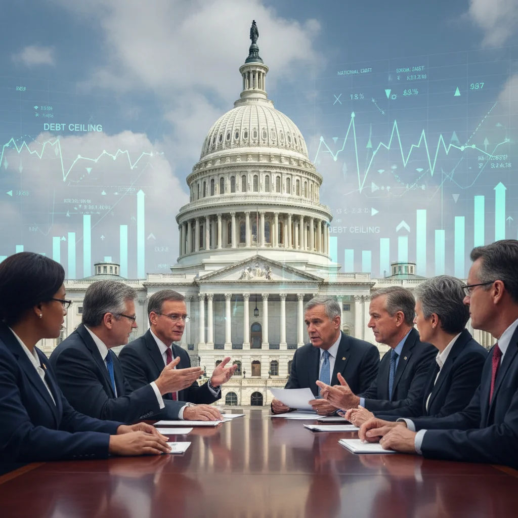 U.S. Capitol with economic charts, representing political and economic negotiations over the debt ceiling.
