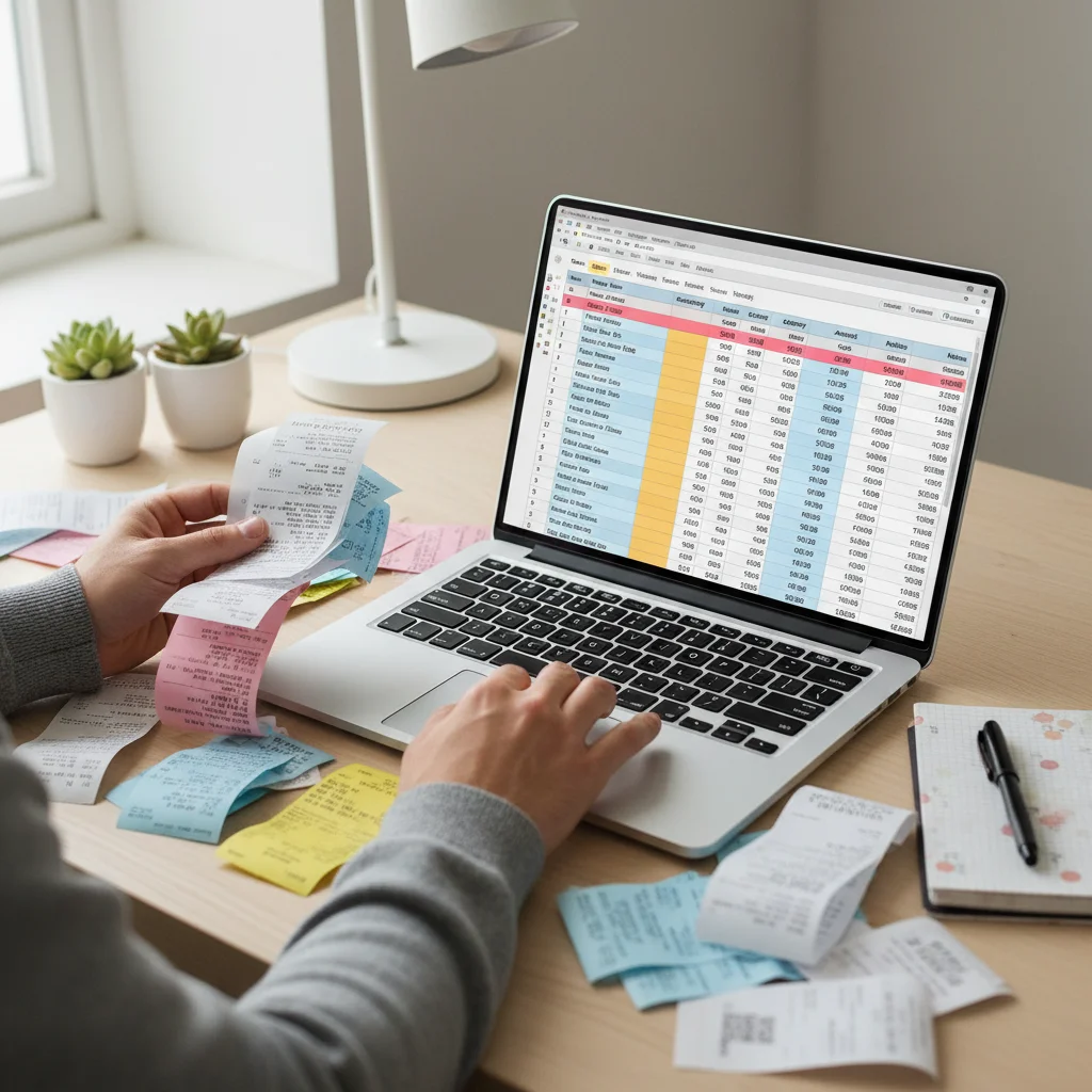 Hands categorizing receipts and entering data into a budgeting spreadsheet on a laptop.