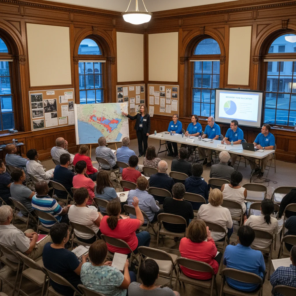Community members discussing disaster recovery plans with officials.