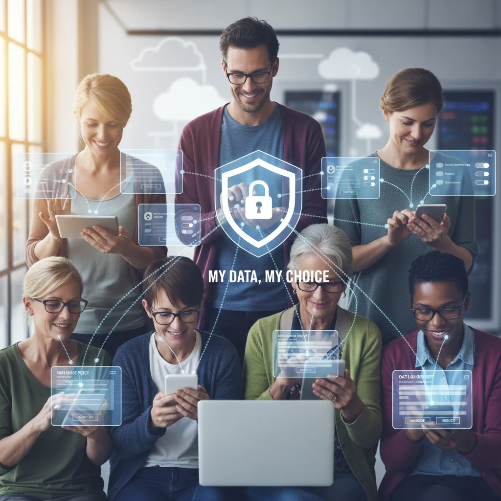 Consumers interacting with digital devices, illustrating privacy settings and data consent forms