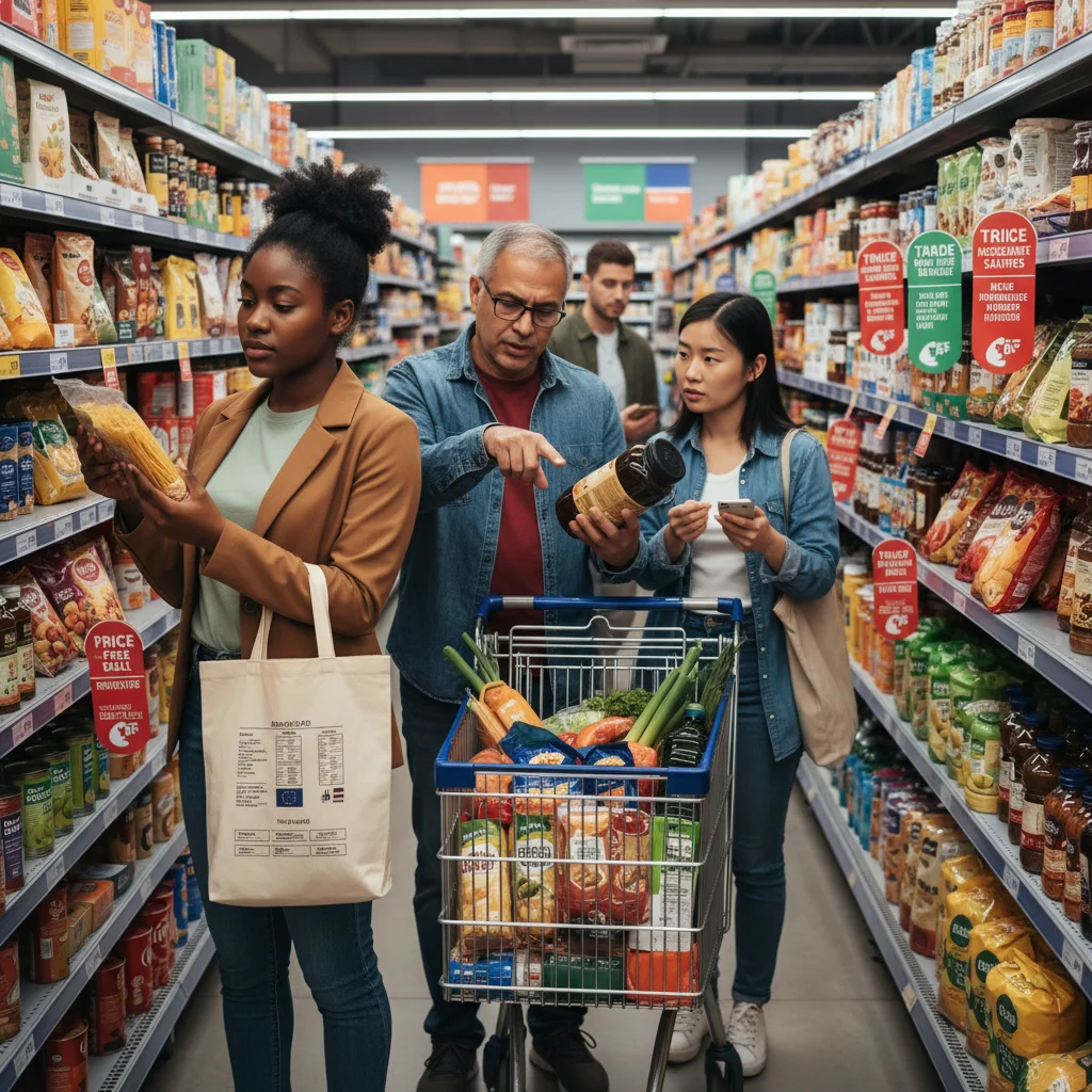 Consumers checking prices and products in a supermarket, reflecting trade impact on prices.