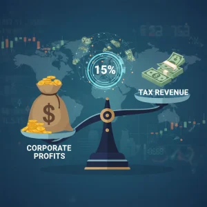 Fiscal Policy Debates 2026: Analyzing Proposed Tax Reforms for 15% Corporate Rate Balance scale showing corporate profits and tax revenue with a global financial backdrop.