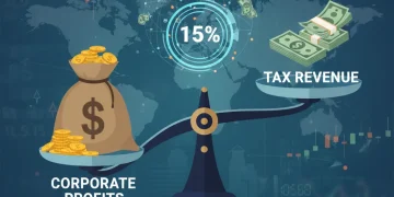 Balance scale showing corporate profits and tax revenue with a global financial backdrop.