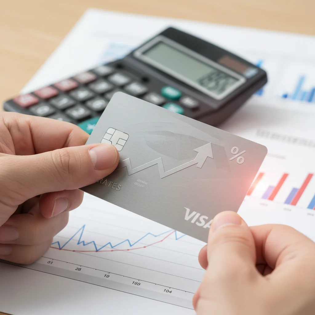 Hand holding credit card with calculator, illustrating impact of interest rates on consumer credit.