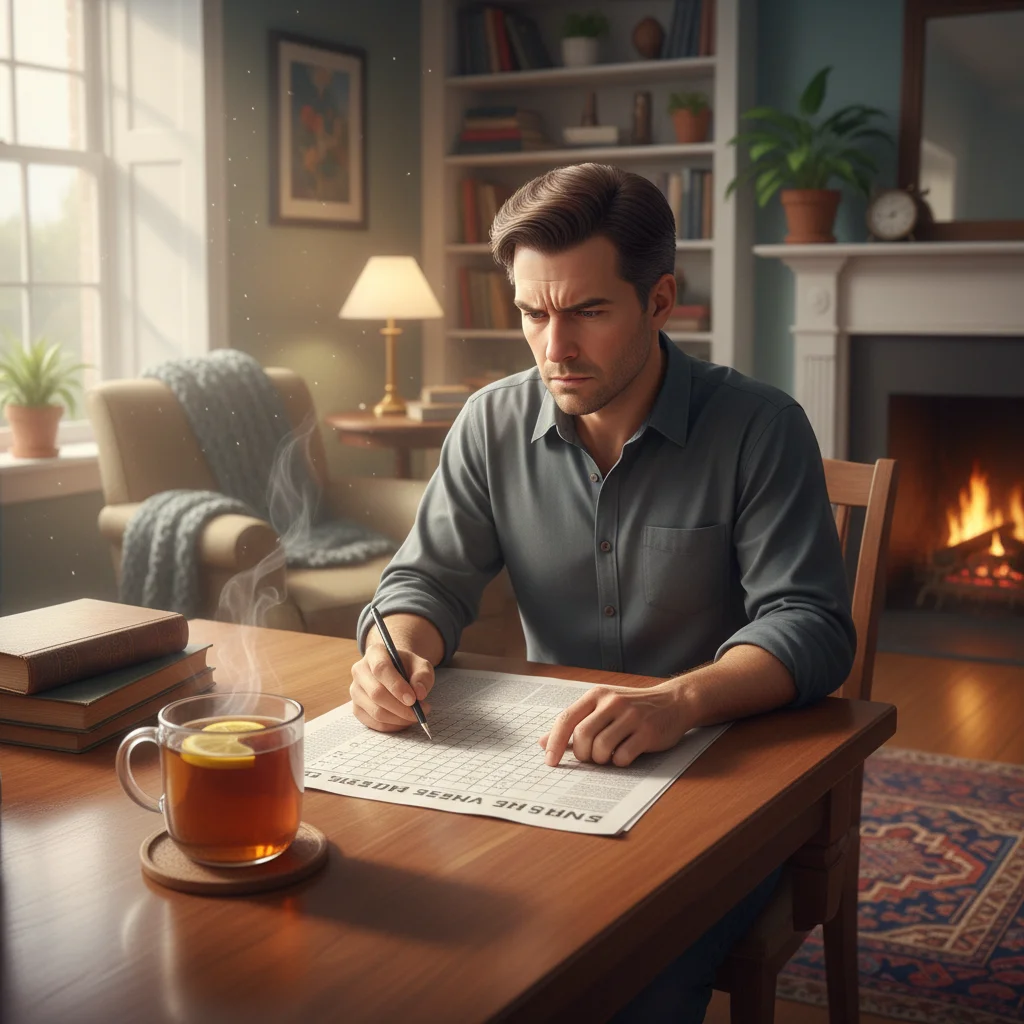 Person concentrating on a crossword puzzle, a classic brain training exercise.