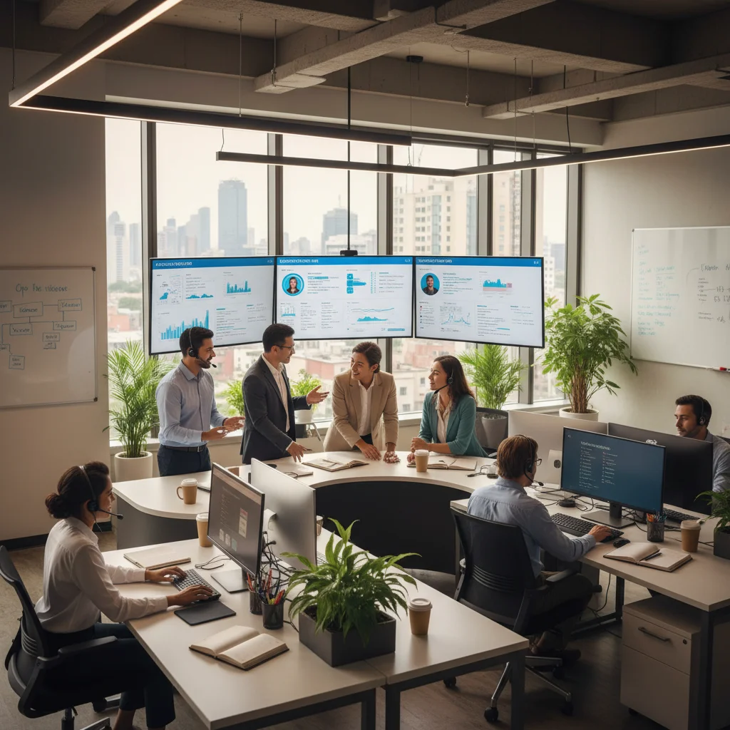 Customer service team using integrated CRM for collaborative support