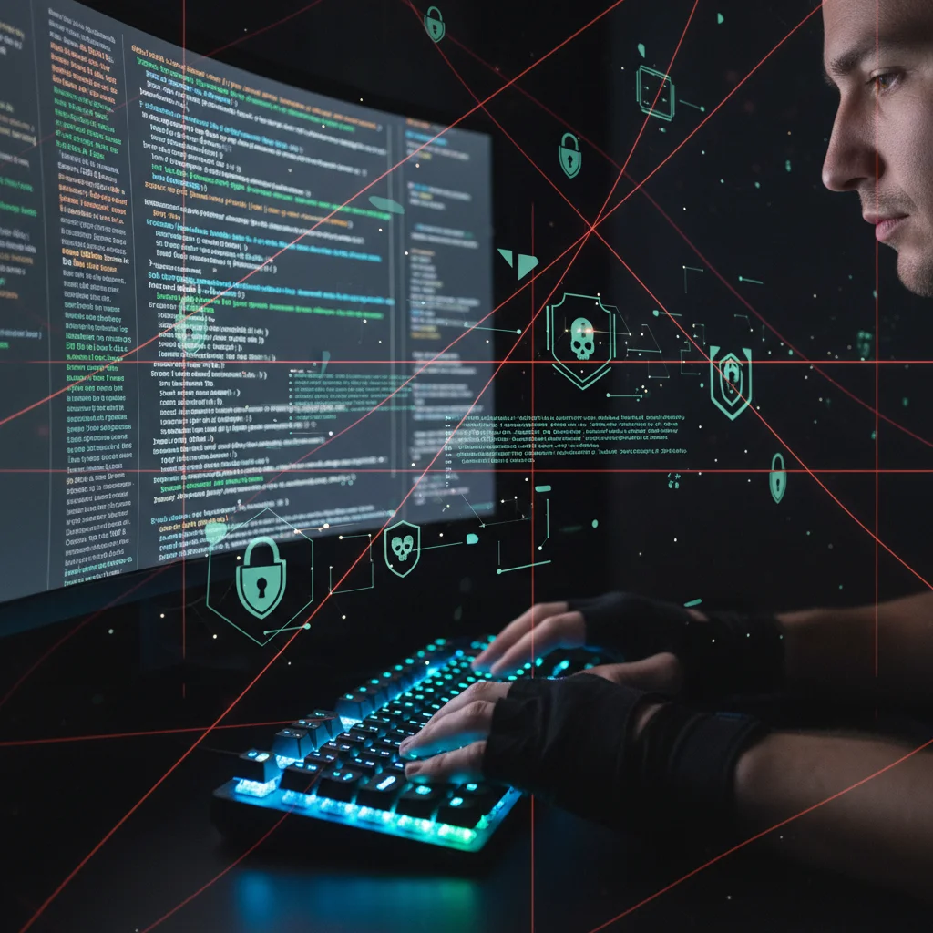 Hacker typing on a keyboard, symbolizing cyber warfare and digital espionage threats.