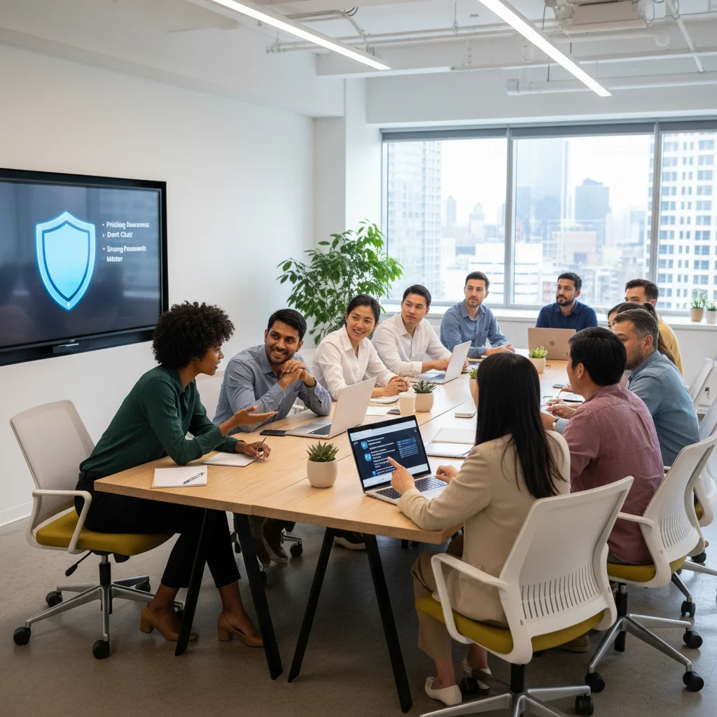 Employees actively participating in a cybersecurity awareness training session, learning about data protection.