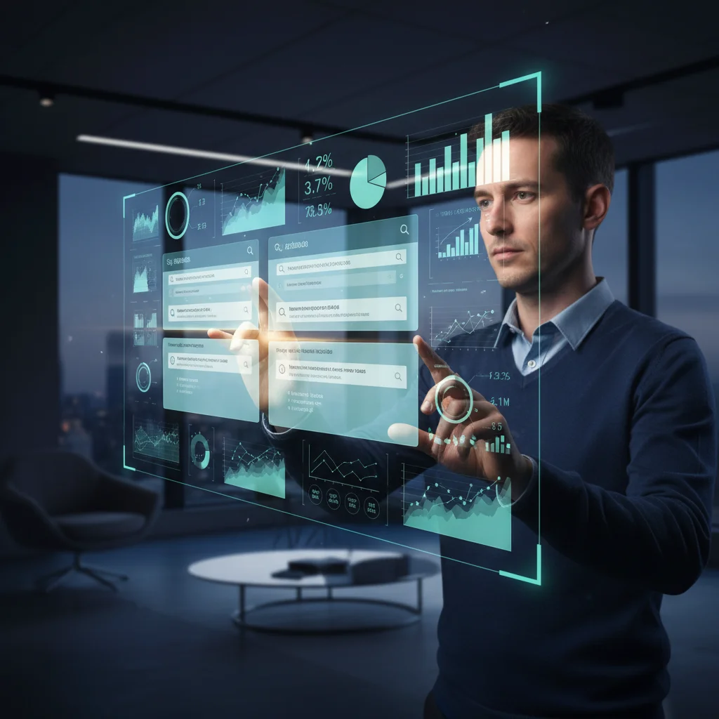 Person analyzing SERP data on a holographic display for SEO performance