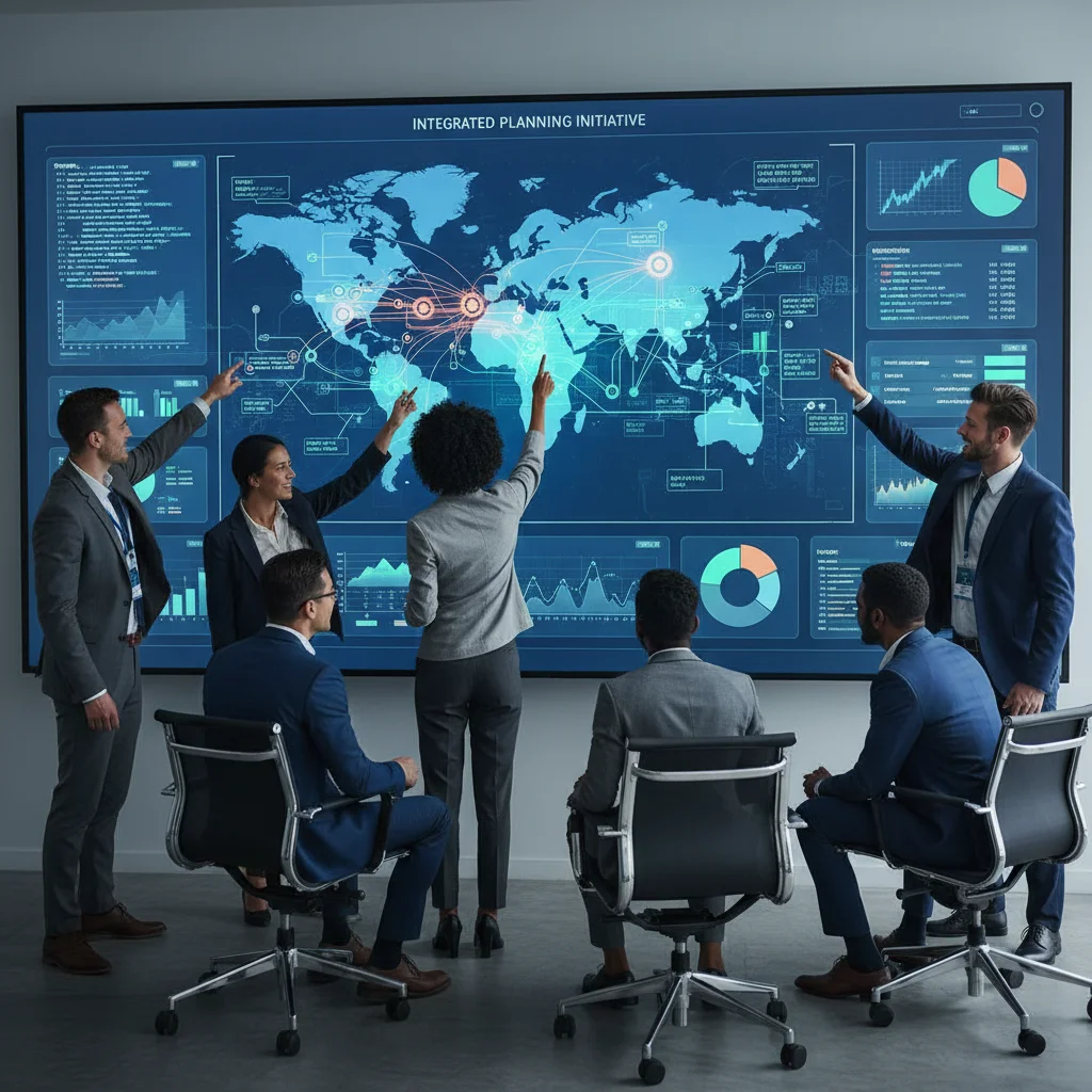 Team collaborating on real-time supply chain data and analytics, highlighting integrated planning.