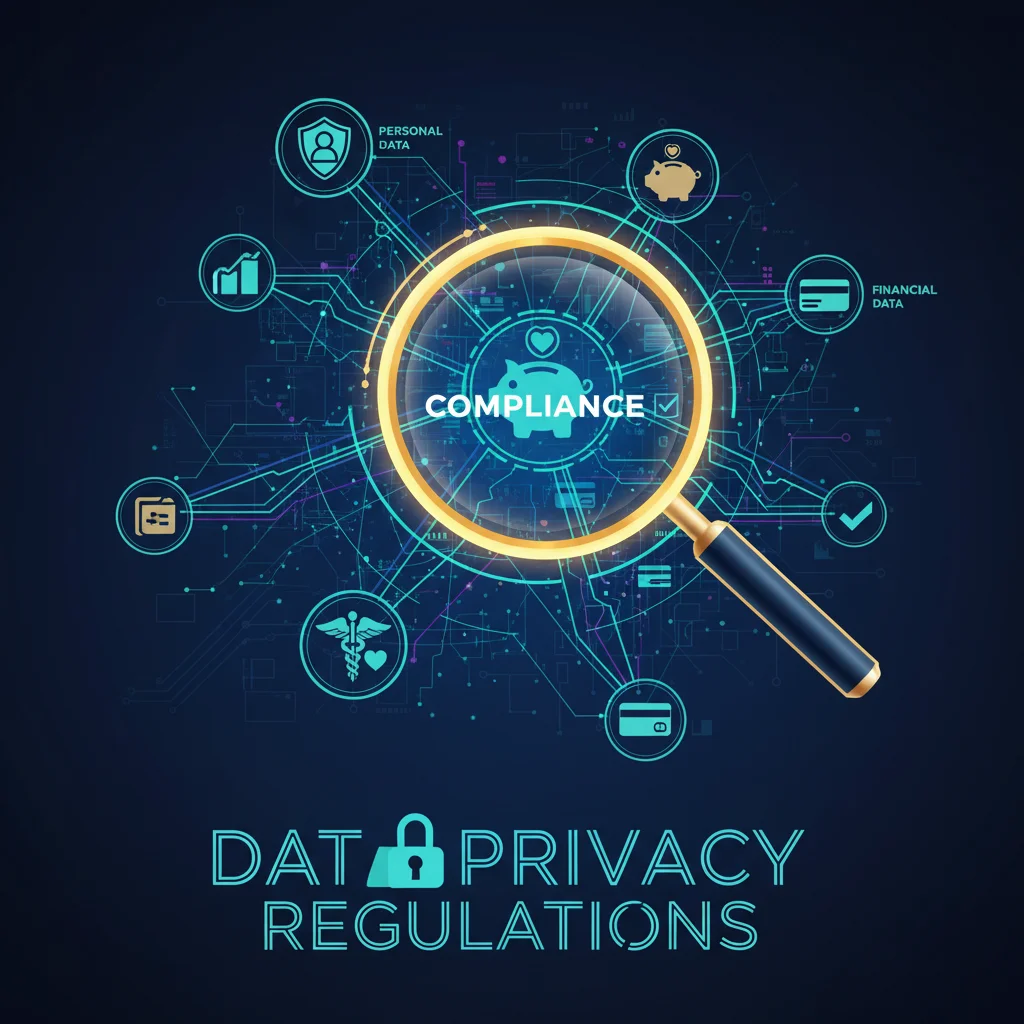 Complex data ecosystem with interconnected nodes and data streams, emphasizing data privacy regulation