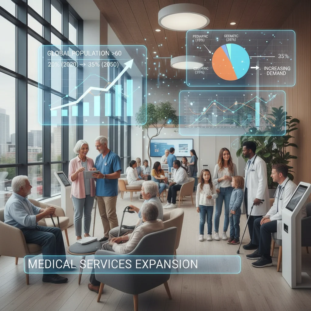 Patients and healthcare providers in a clinic, representing demographic shifts and increased demand for medical services.