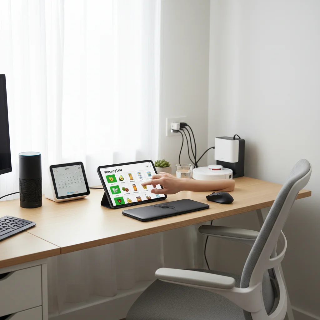 Person creating a digital grocery list on a tablet in a modern home office, demonstrating smart planning for errands.