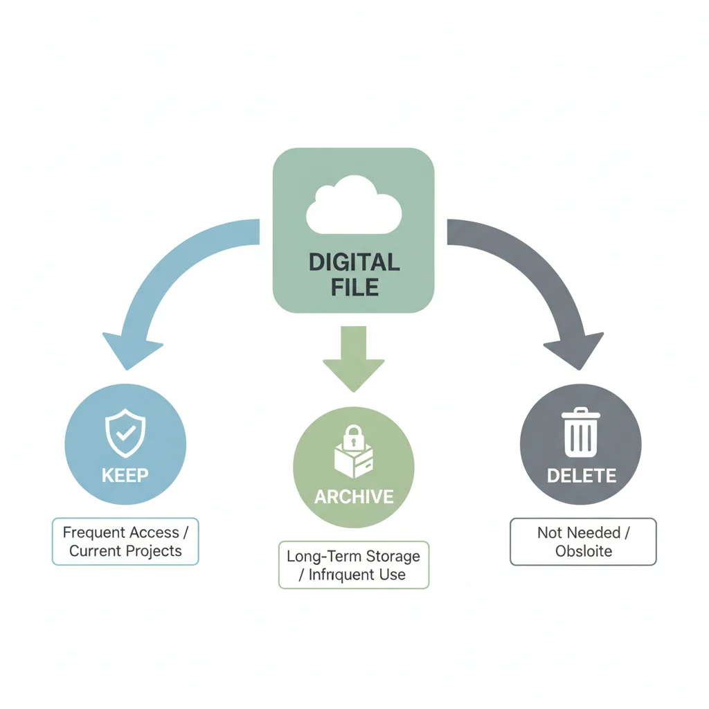 Infographic for digital file management: keep, archive, delete