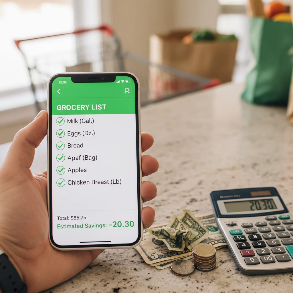 Digital grocery list app showing savings on a smartphone