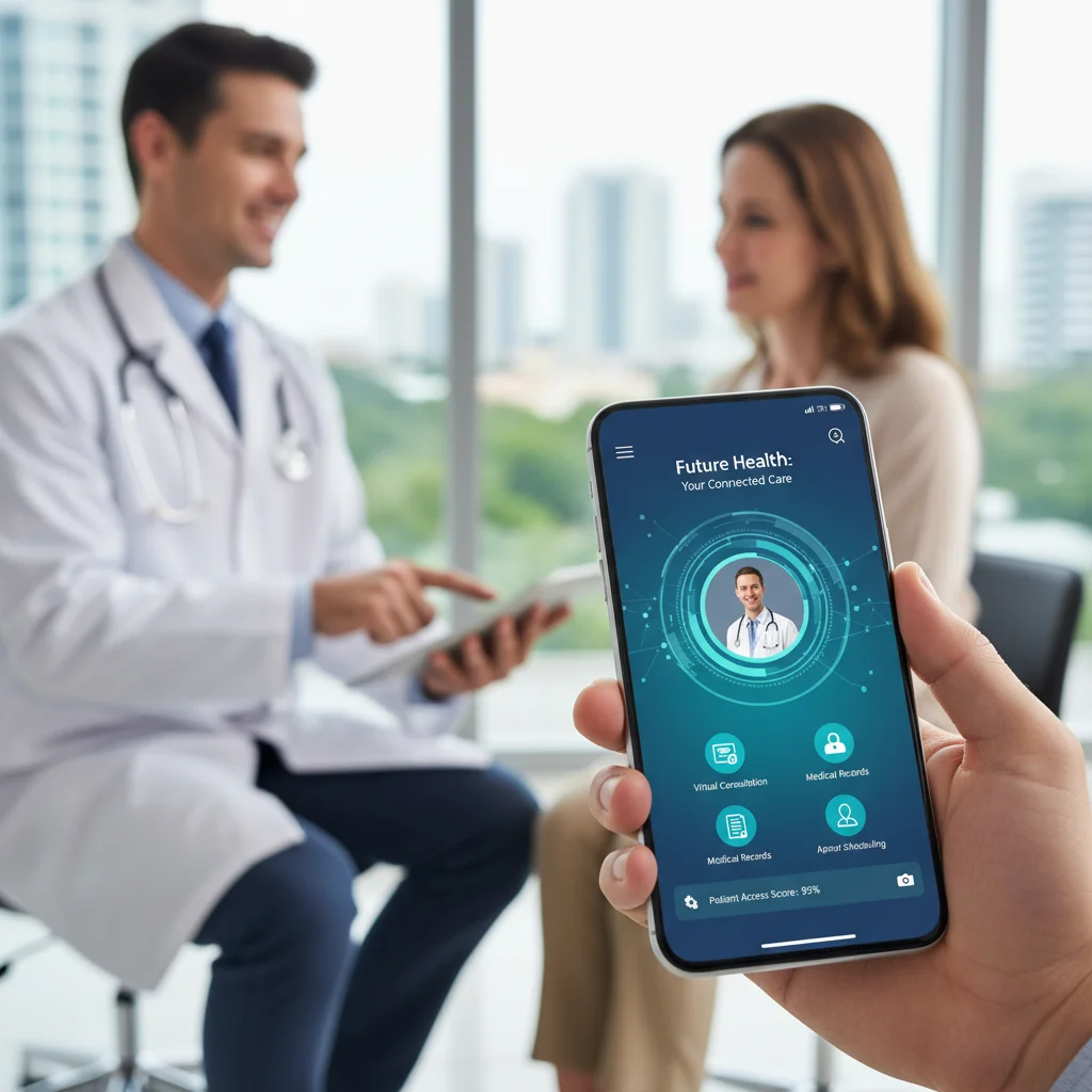 Smartphone displaying healthcare app with doctor-patient interaction in background