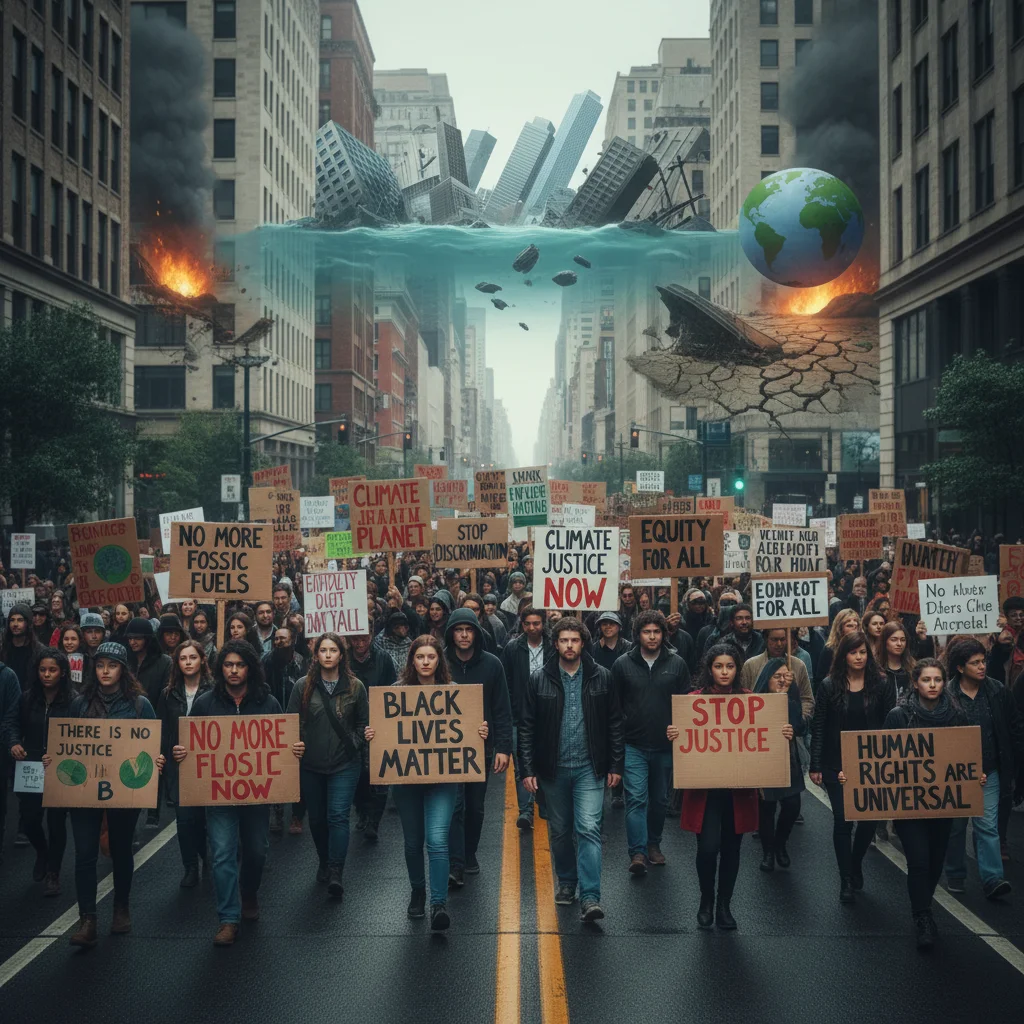 Diverse group protesting, representing domestic extremism and climate change impacts.