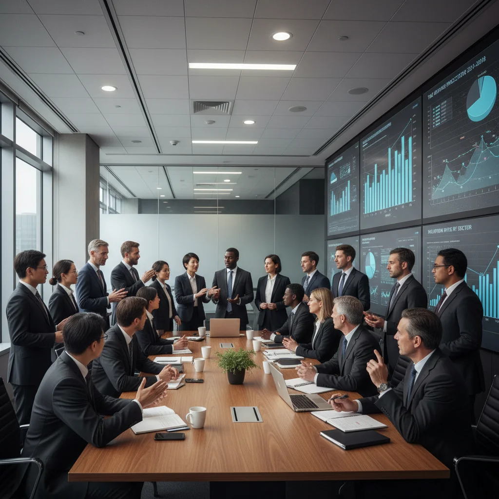 Business professionals debating economic data and tax projections in a modern conference room.