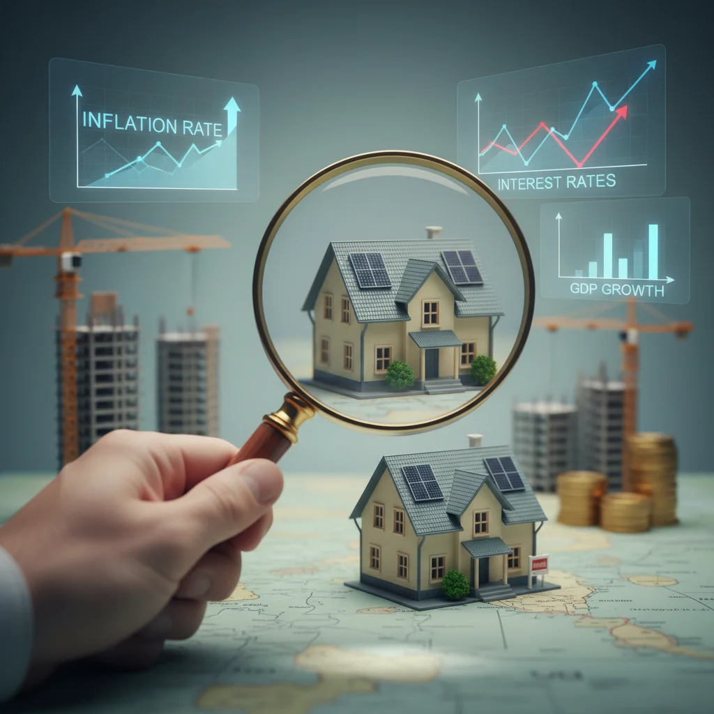 Magnifying glass over miniature house, symbolizing economic factors influencing the housing market.